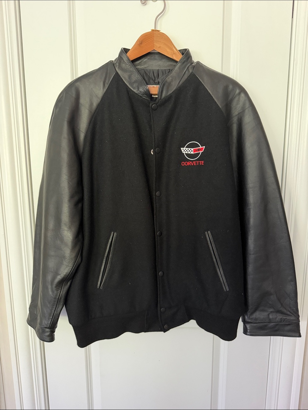 Men's Black Leather Sleeve Embroidered CORVETTE Logo Varsity Jacket